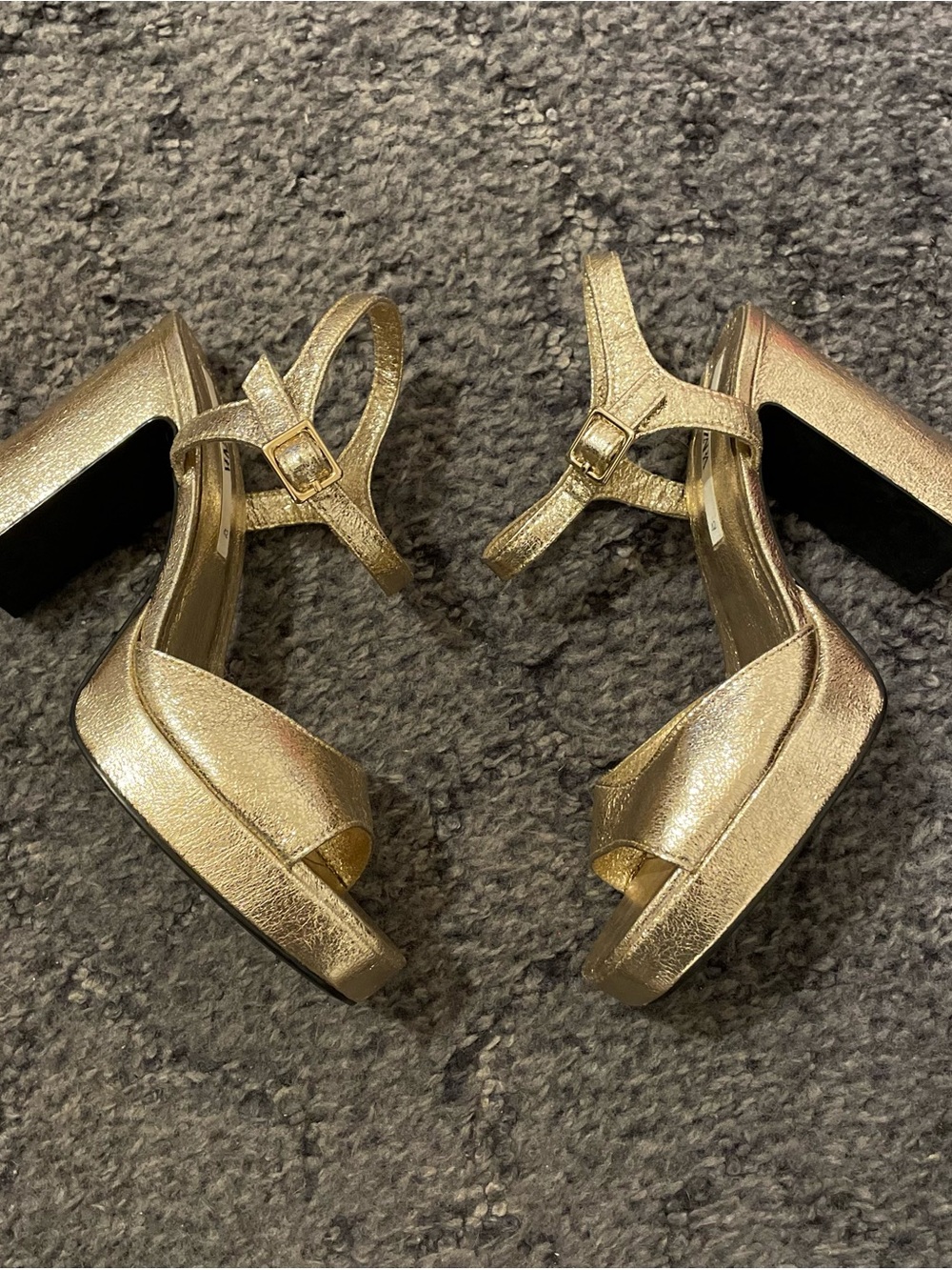 ZARA Metallic Gold Chunky Block Heels Strappy Buckle Adjustable Size UK 42 US 11